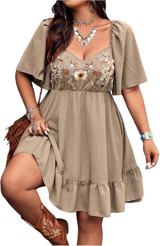 Women's Plus Size Floral Embroidered Dress Short Sleeve Sweetheart Neck Flowy A Line Boho Short Dresses in Saudi Arabia