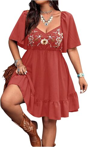Women's Plus Size Floral Embroidered Dress Short Sleeve Sweetheart Neck Flowy A Line Boho Short Dresses in Saudi Arabia