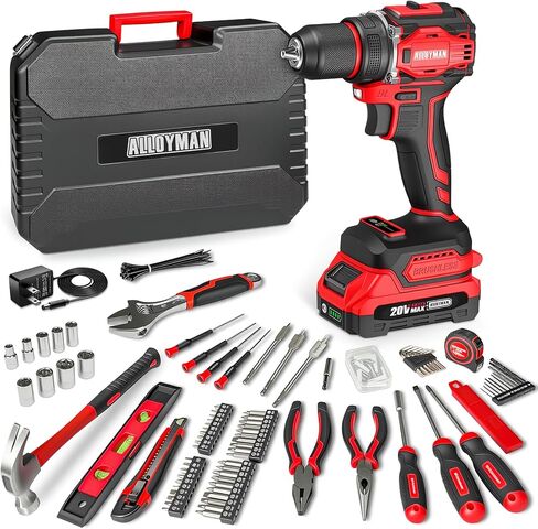 ALLOYMAN 20V Max Cordless Drill Set، طقم مثقاب كهربائي مع بطارية 2.0 مللي أمبير وشاحن سريع، سرعة متغيرة 0-2000RMP، 25+3 مثقاب كهربائي لإعداد عزم الدوران لمجموعة الأدوات المنزلية in Kuwait