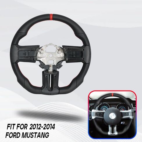 Full Leather Steering Wheel, D-Shaped Flat Bottom Perforated Leather Grip Steering Wheel Fit for Ford Mustang 2012 2013 2014 in Saudi Arabia