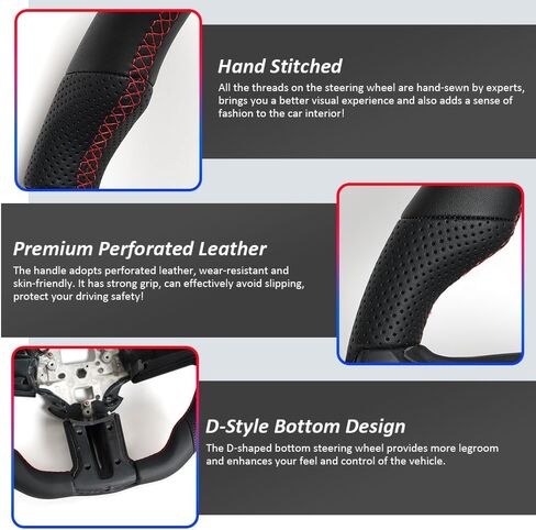 Full Leather Steering Wheel, D-Shaped Flat Bottom Perforated Leather Grip Steering Wheel Fit for Ford Mustang 2012 2013 2014 in Saudi Arabia