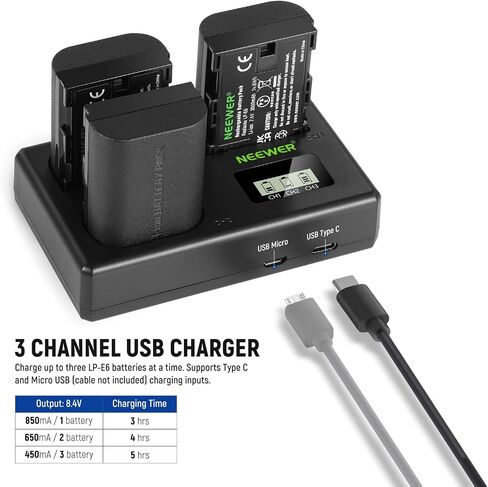 نيوير مجموعة بطارية بديلة وشاحن USB LP-E6NH، 3 قطع 2250mAh بديلة لبطارية LP-E6NH وشاحن USB ثلاثي الفتحات متوافق مع كانون EOS R5 R6 5D 5DS 6D Mark II 77D 80D 90D EOS R in Kuwait