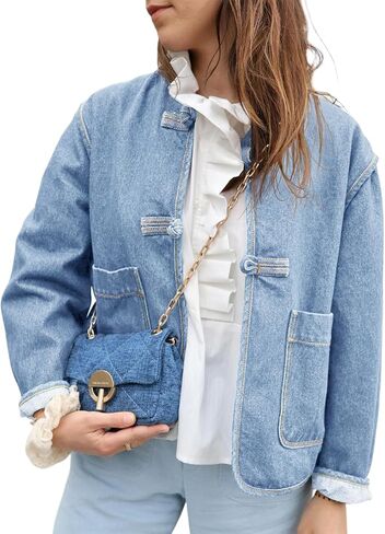 Cicy Bell Womens Cropped Collarless Denim Shirts Jackets Frog Button Trendy Jean Shackets Lightweight Casual Coat in Saudi Arabia