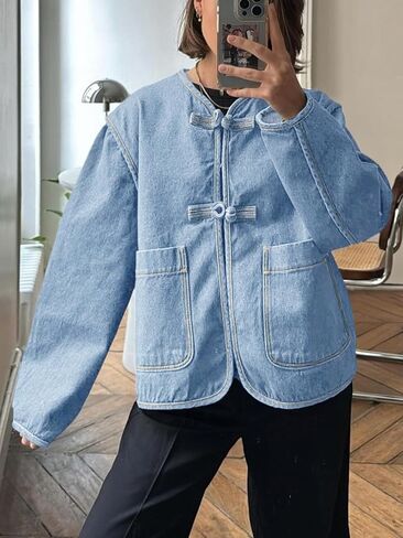 Cicy Bell Womens Cropped Collarless Denim Shirts Jackets Frog Button Trendy Jean Shackets Lightweight Casual Coat in Saudi Arabia