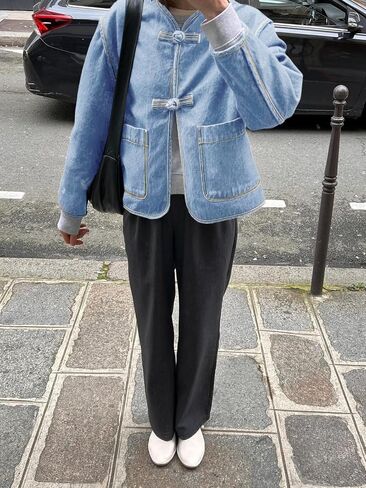 Cicy Bell Womens Cropped Collarless Denim Shirts Jackets Frog Button Trendy Jean Shackets Lightweight Casual Coat in Saudi Arabia