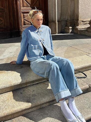 Cicy Bell Womens Cropped Collarless Denim Shirts Jackets Frog Button Trendy Jean Shackets Lightweight Casual Coat in Saudi Arabia