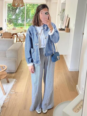 Cicy Bell Womens Cropped Collarless Denim Shirts Jackets Frog Button Trendy Jean Shackets Lightweight Casual Coat in Saudi Arabia