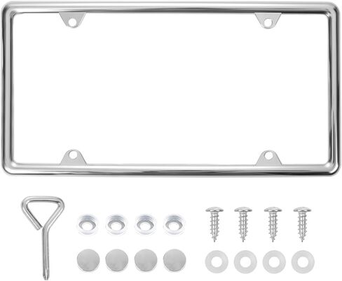 Hanwell Products Chrome License Plate Frame Made of Zinc Alloy Metal, Universal Car Accessories, 1Pack License Plate Holder Never Rust and Unbreakable with Metal Screws, Chrome Plastic Caps and Tool in Kuwait