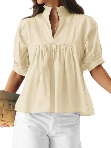 Cicy Bell Womens Puff Sleeve V Neck Blouse Babydoll Peplum Tops Dressy Casual Pleated Loose Fit Shirts in Saudi Arabia