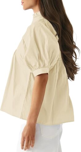 Cicy Bell Womens Puff Sleeve V Neck Blouse Babydoll Peplum Tops Dressy Casual Pleated Loose Fit Shirts in Saudi Arabia