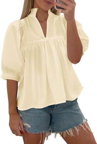 Cicy Bell Womens Puff Sleeve V Neck Blouse Babydoll Peplum Tops Dressy Casual Pleated Loose Fit Shirts in Saudi Arabia