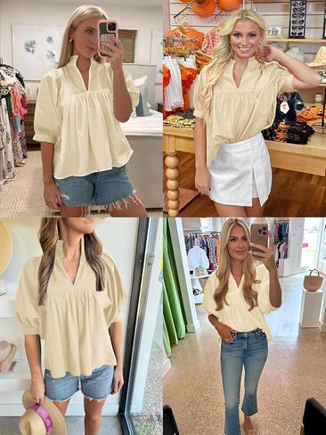 Cicy Bell Womens Puff Sleeve V Neck Blouse Babydoll Peplum Tops Dressy Casual Pleated Loose Fit Shirts in Saudi Arabia
