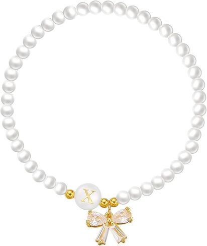 Initial Bracelets A-Z 26 Letters Pearl Bracelet with Bow Charms for Women Rhinestone Bow Bracelets Adjustable Jewelry for Mom Daughter Birthday Gift in Saudi Arabia