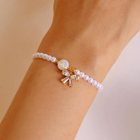 Initial Bracelets A-Z 26 Letters Pearl Bracelet with Bow Charms for Women Rhinestone Bow Bracelets Adjustable Jewelry for Mom Daughter Birthday Gift in Saudi Arabia