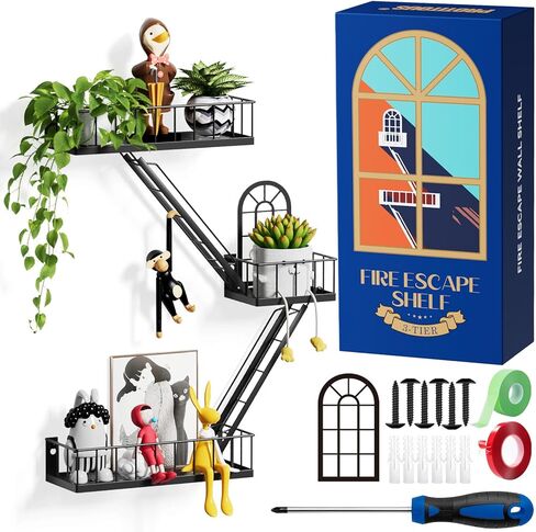 Fire Escape Wall Shelf - الرف المعدني الصناعي في نيويورك مع تصميم نافذة زخرفية ، أرفف عائمة وحدات لغرفة النوم وغرفة المعيشة وديكور المنزل ، عرض الشكل (الأسود ، 3 مستويات) in Kuwait