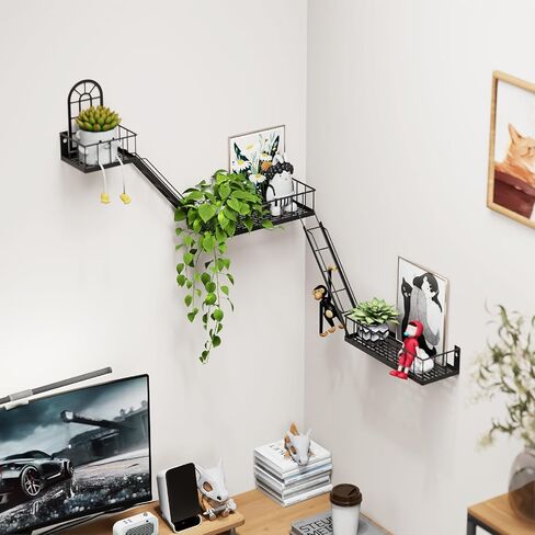 Fire Escape Wall Shelf - الرف المعدني الصناعي في نيويورك مع تصميم نافذة زخرفية ، أرفف عائمة وحدات لغرفة النوم وغرفة المعيشة وديكور المنزل ، عرض الشكل (الأسود ، 3 مستويات) in Kuwait