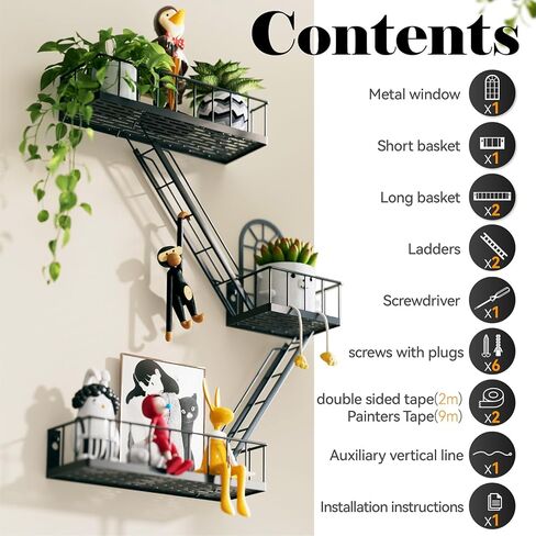 Fire Escape Wall Shelf - الرف المعدني الصناعي في نيويورك مع تصميم نافذة زخرفية ، أرفف عائمة وحدات لغرفة النوم وغرفة المعيشة وديكور المنزل ، عرض الشكل (الأسود ، 3 مستويات) in Kuwait