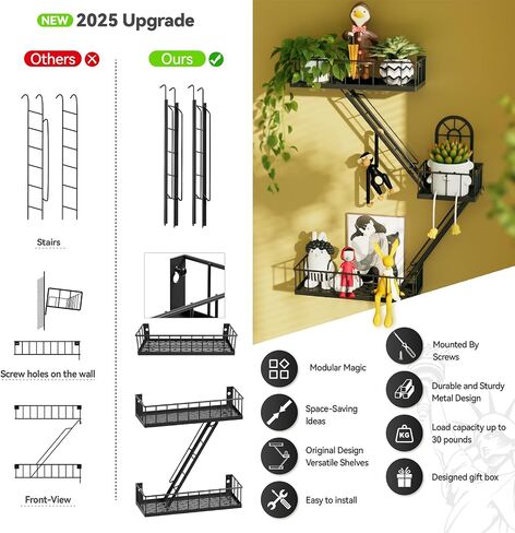 Fire Escape Wall Shelf - الرف المعدني الصناعي في نيويورك مع تصميم نافذة زخرفية ، أرفف عائمة وحدات لغرفة النوم وغرفة المعيشة وديكور المنزل ، عرض الشكل (الأسود ، 3 مستويات) in Kuwait