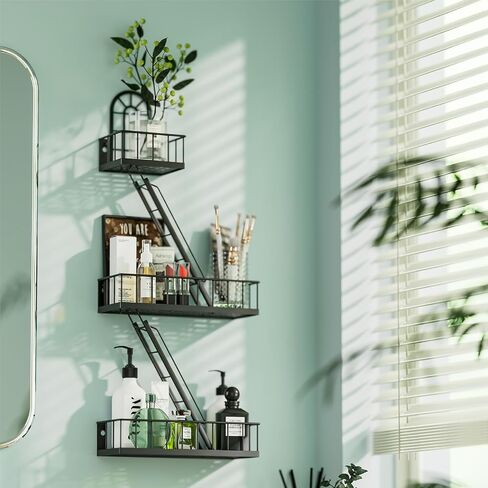 Fire Escape Wall Shelf - الرف المعدني الصناعي في نيويورك مع تصميم نافذة زخرفية ، أرفف عائمة وحدات لغرفة النوم وغرفة المعيشة وديكور المنزل ، عرض الشكل (الأسود ، 3 مستويات) in Kuwait