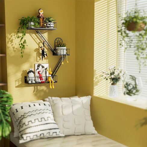 Fire Escape Wall Shelf - الرف المعدني الصناعي في نيويورك مع تصميم نافذة زخرفية ، أرفف عائمة وحدات لغرفة النوم وغرفة المعيشة وديكور المنزل ، عرض الشكل (الأسود ، 3 مستويات) in Kuwait