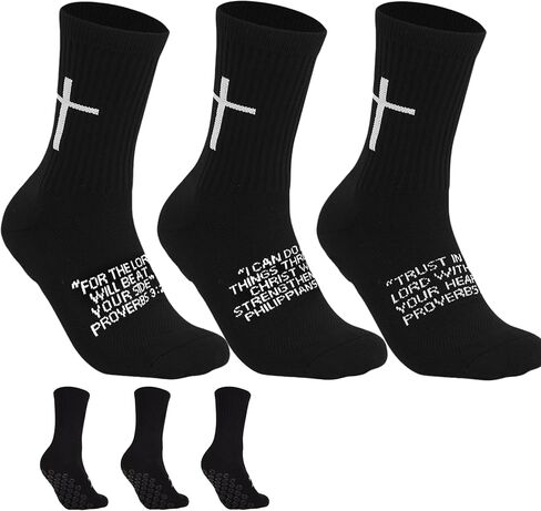 3 Pairs Cross Grip Soccer Socks for US 6-13 - Anti-Slip Christian Socks with Bible Verse in Saudi Arabia