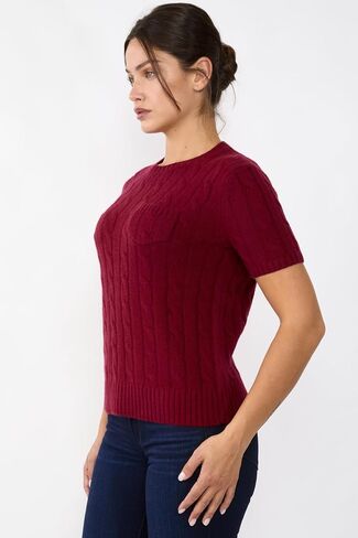 JENNIE LIU Womens 70% Wool 30% Cashmere Chuncky Cable-Knit Crewneck Short Sleeve Sweater in Saudi Arabia