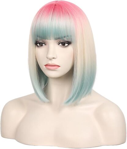 WildCos Short Bob Wig With Bangs 14 Inches Synthetic Cosplay Wig for Women (Pink - Blonde - Blue) in Saudi Arabia