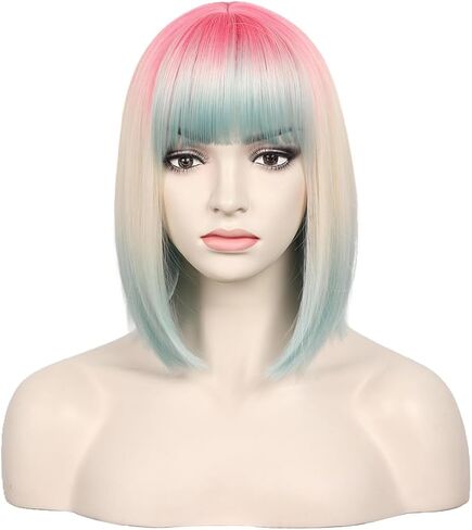 WildCos Short Bob Wig With Bangs 14 Inches Synthetic Cosplay Wig for Women (Pink - Blonde - Blue) in Saudi Arabia