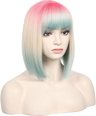 WildCos Short Bob Wig With Bangs 14 Inches Synthetic Cosplay Wig for Women (Pink - Blonde - Blue) in Saudi Arabia