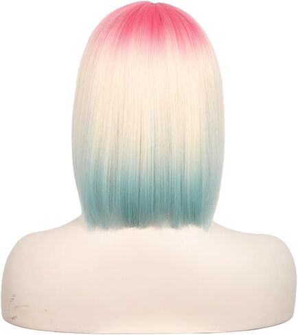 WildCos Short Bob Wig With Bangs 14 Inches Synthetic Cosplay Wig for Women (Pink - Blonde - Blue) in Saudi Arabia