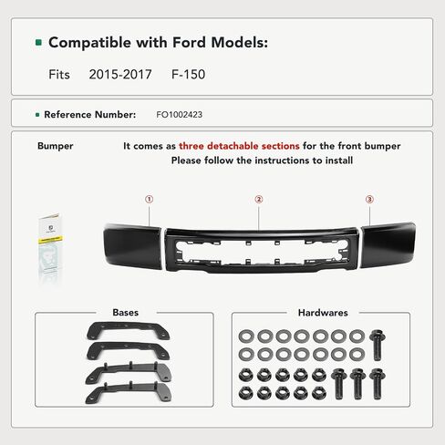 yhtauto الأمامي الوفير الوجه بار متوافق مع Ford F-150 2015 2015 2017 ، مع فتحات ضباب الضباب ، دون قبعات نهاية ، استبدال الصلب الأسود الصلب in Kuwait