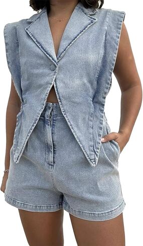 Mandonce Denim Jumpsuit For Women Cap Sleeve V Neck Button Down Crop Split Elastic High Waist Jeans Shorts For Women Romper in Kuwait