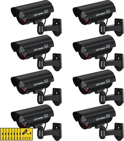 8 Pcs Fake Camera Dummy Security Camera Realistic Dummy Camera Plastic Fake Video Camera CCTV Surveillance System with Motion LED Light for Home Outdoor Indoor Use, No Battery Included (Silver) in Kuwait