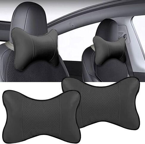 2PCS Car Neck Pillow, PU Leather Headrest Cushion with Adjustable Strap, Ergonomic Soft Headrest Pillow, Universal Multi-Function Auto Lumbar Support Accessories for Pressure Relief (Black) in Saudi Arabia