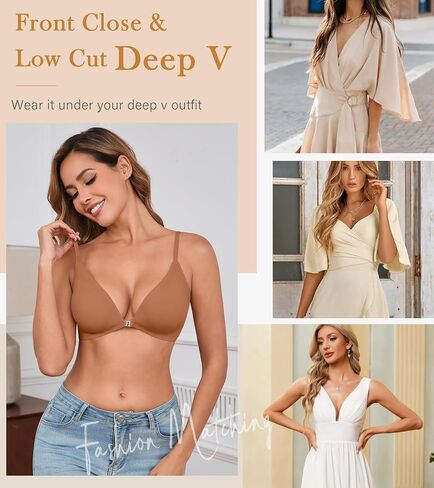 DEANGELMON Front Closure Bras for Women Wireless Lightly Padded Bralett Seamless Low Cut V-Neck Lightweight T-Shirts Bra in Kuwait