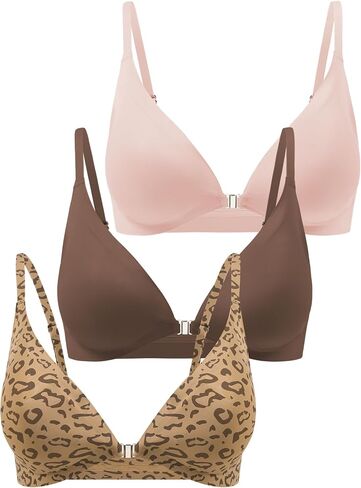 DEANGELMON Front Closure Bras for Women Wireless Lightly Padded Bralett Seamless Low Cut V-Neck Lightweight T-Shirts Bra in Kuwait