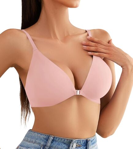 DEANGELMON Front Closure Bras for Women Wireless Lightly Padded Bralett Seamless Low Cut V-Neck Lightweight T-Shirts Bra in Saudi Arabia