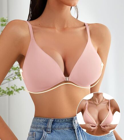 DEANGELMON Front Closure Bras for Women Wireless Lightly Padded Bralett Seamless Low Cut V-Neck Lightweight T-Shirts Bra in Saudi Arabia