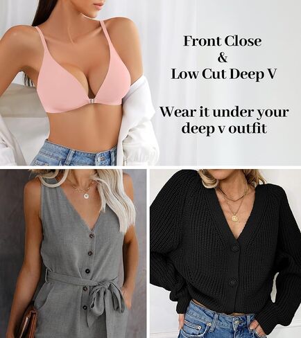 DEANGELMON Front Closure Bras for Women Wireless Lightly Padded Bralett Seamless Low Cut V-Neck Lightweight T-Shirts Bra in Saudi Arabia
