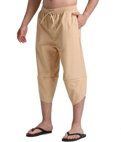 Men's Linen Capri Pants Beach Yoga Baggy 3/4 Shorts Lightweight Drawstring Elastic Waist with Pockets in Kuwait