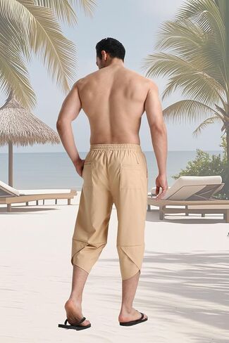 Men's Linen Capri Pants Beach Yoga Baggy 3/4 Shorts Lightweight Drawstring Elastic Waist with Pockets in Kuwait