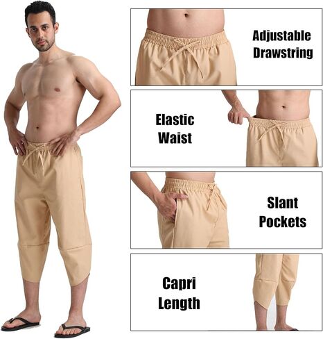 Men's Linen Capri Pants Beach Yoga Baggy 3/4 Shorts Lightweight Drawstring Elastic Waist with Pockets in Kuwait
