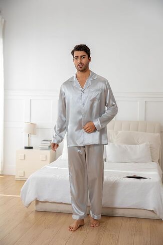 JupiterSecret Mens Satin Silk Pajamas Sets Long Sleeve Sleepwear Button Down Pjs Sets 2 Pieces Loungewear with Pockets in Saudi Arabia