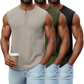 NEER 3 PACK قمم دبابات مضلعة للرجال الصيفي بلا أكمام Henley قمصان Crewneck Tees Muscle Slim Fit Tank Top