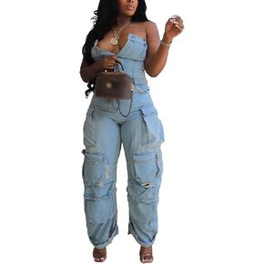 DINGANG Denim Jumpsuit for Women Sexy Slim Fit Strapless Cargo Denim Romper Wide Leg Jeans Multi Pockets