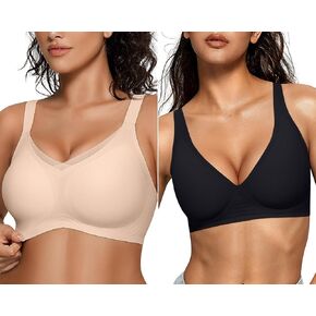 OEAK Womens Wireless Bras V Mesh Nude XL & Deep V Bras Comfortable Bras Black XL