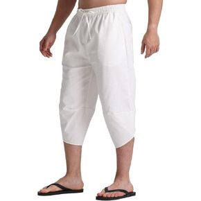 Men's Linen Capri Pants Beach Yoga Baggy 3/4 Shorts Lightweight Drawstring Elastic Waist with Pockets