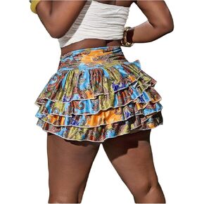 Wdirara Women's Paisley Print Brinch Hend Hend Tiered Tiered Mini Cake Cake Tairts High Phered Haceed Boho Skirt