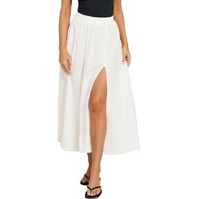 IDEALSANXUN Womens Spring Summer Elastic Waist A Line Mid-Long Maxi Skirt with Slit