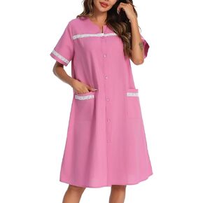 100% Cotton Nightgowns for Women Short Sleeve House Dress Buttons Down Housecoat with Pockets